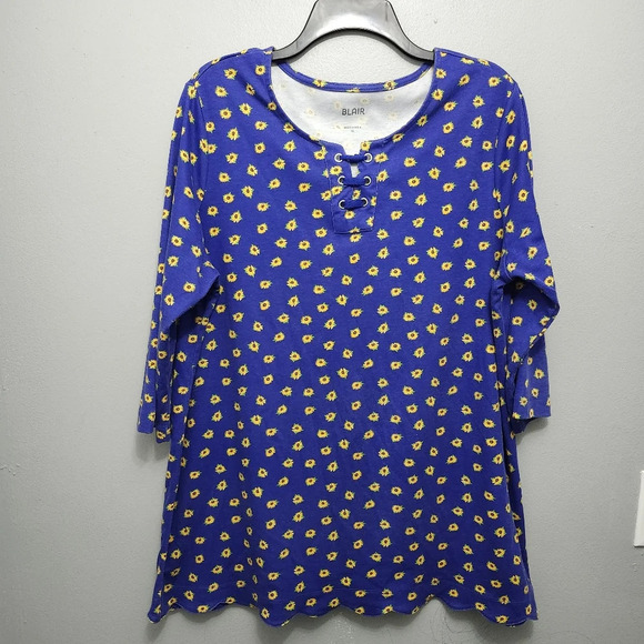Blair women's blouse top tunic size XL blue floral scalloped hem - Picture 1 of 8